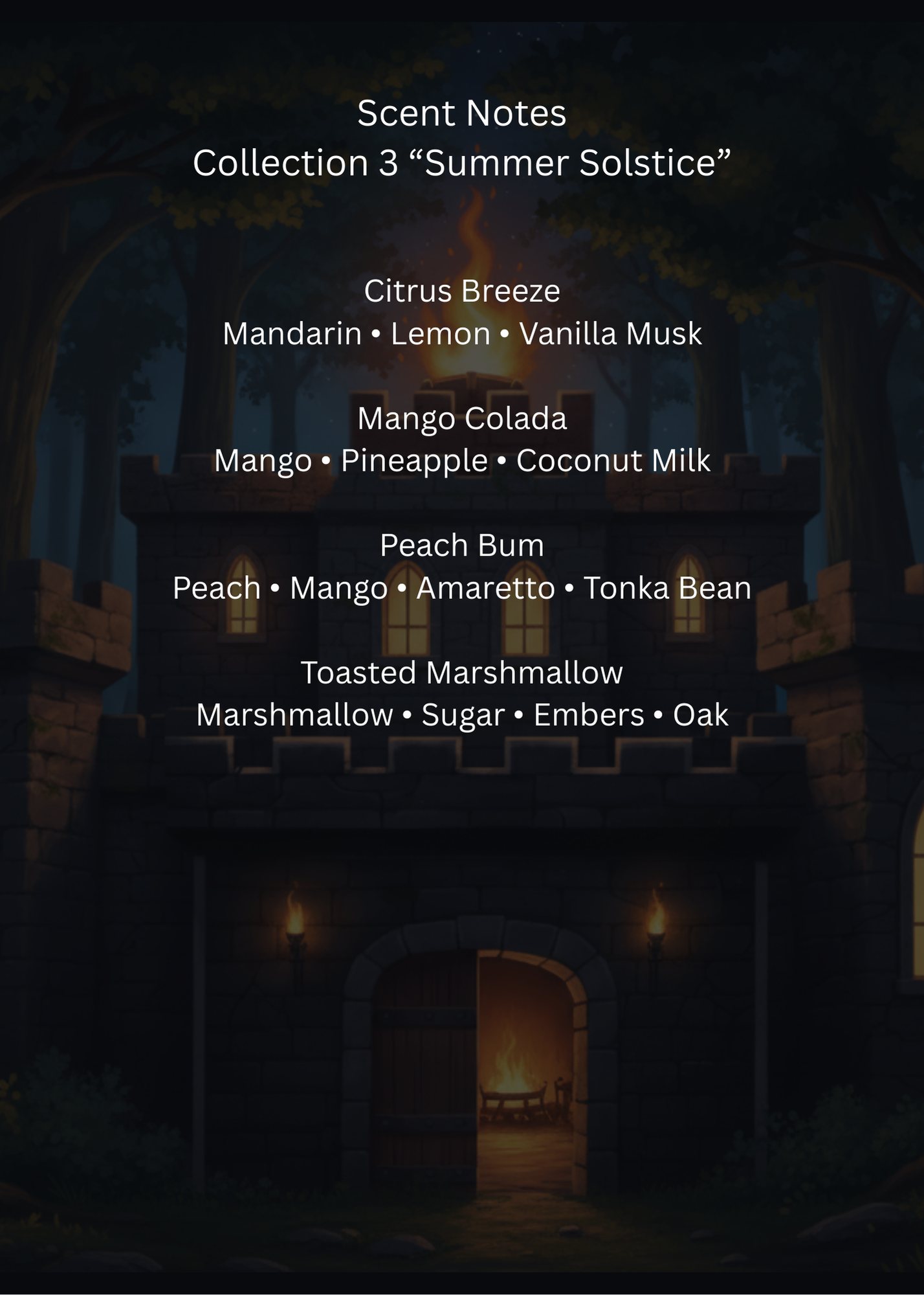 List of scents from a collection titled 'Summer Solstice' with a dark background and building silhouette.
