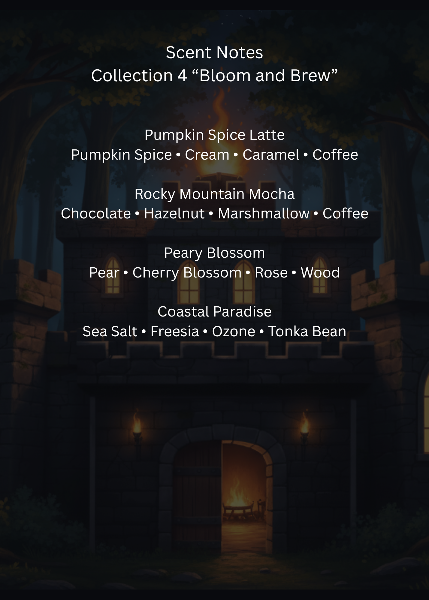 List of scents from a collection "Bloom and Brew" with a dark background and building silhouette.