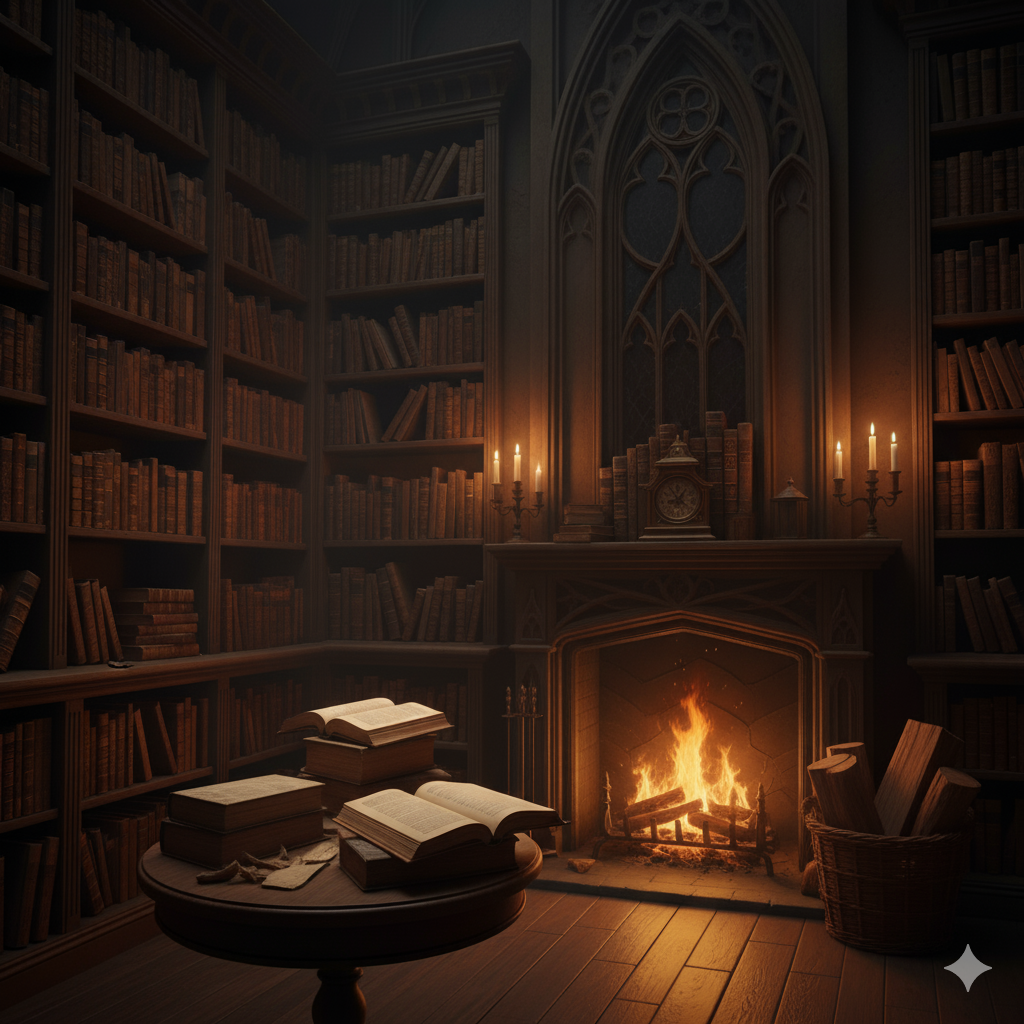 Dimly lit room with a fireplace, bookshelves, and leatherbound tomes.