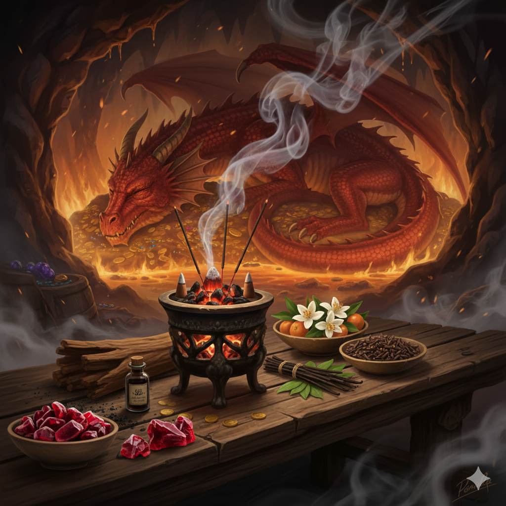 Dragon in a fiery cave with offerings on a table. Dragon Blood resin, amber, vanilla, cloves, and incense.