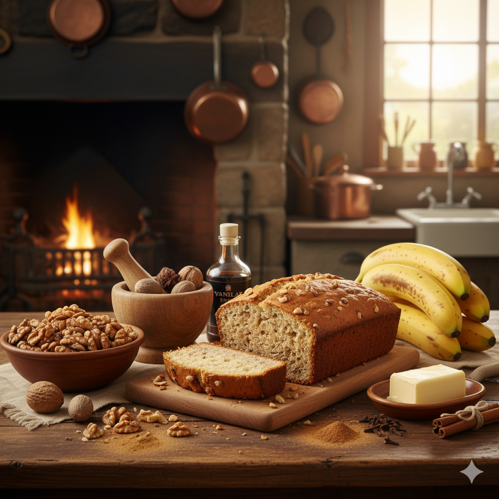Loaf of bread with slices on a wooden board, surrounded by nuts, bananas, and a bottle of syrup in a cozy kitchen setting.