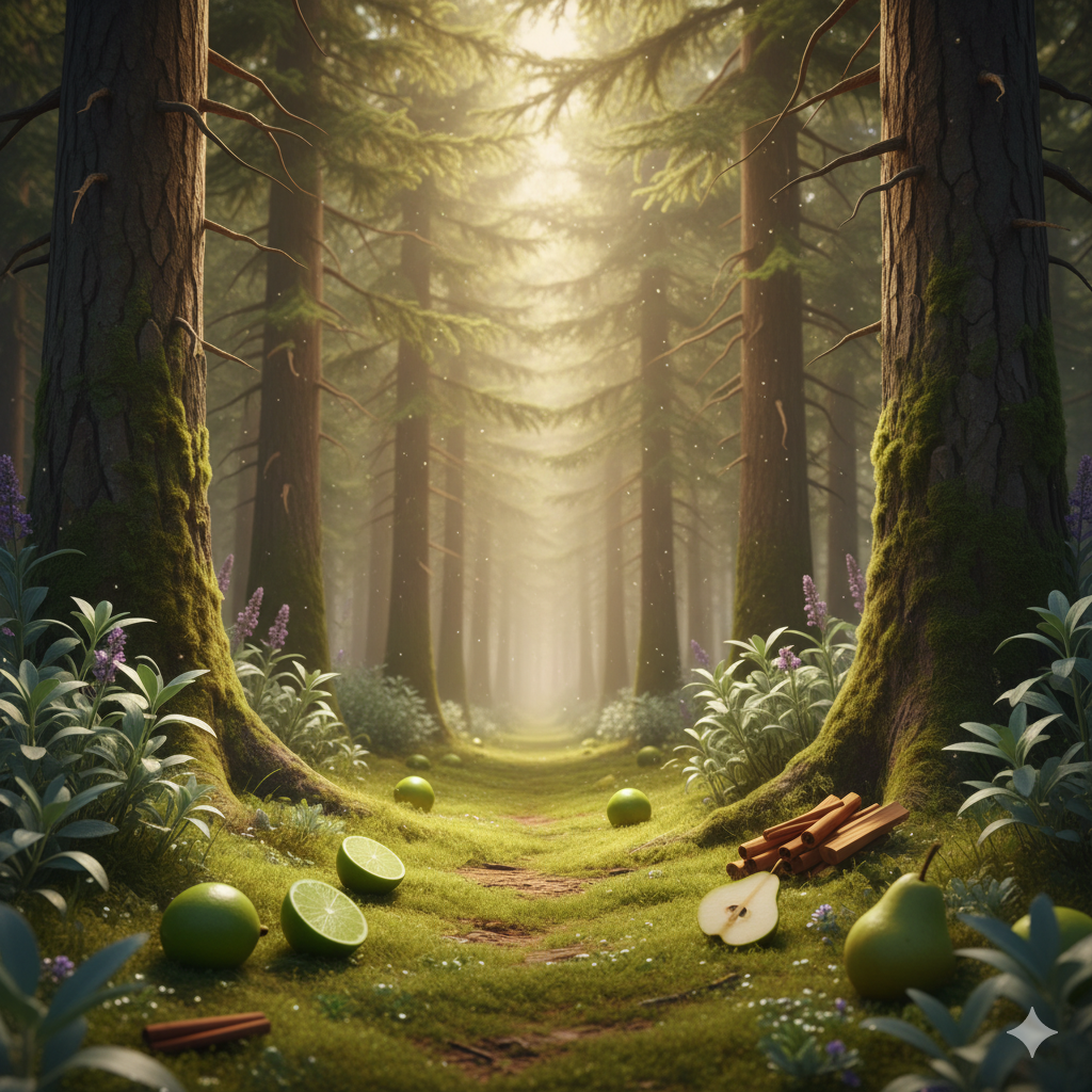 Mystical forest scene with glowing green fruits and a path leading to a light source.