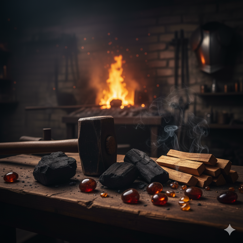 Wooden table with coal, a hammer, and wood planks in front of a glowing fireplace.