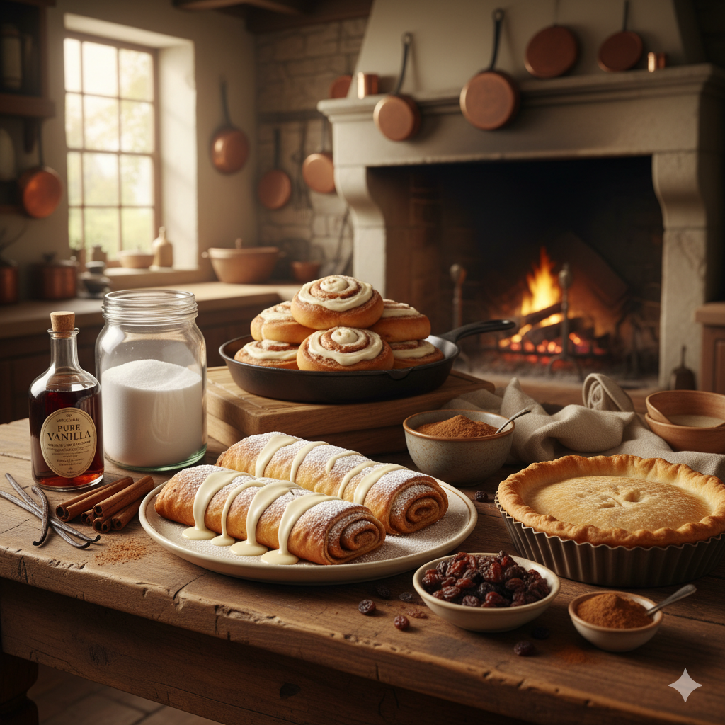 Wooden table with baked goods including cinnamon rolls and a pie, set against a warm kitchen backdrop with a fireplace.