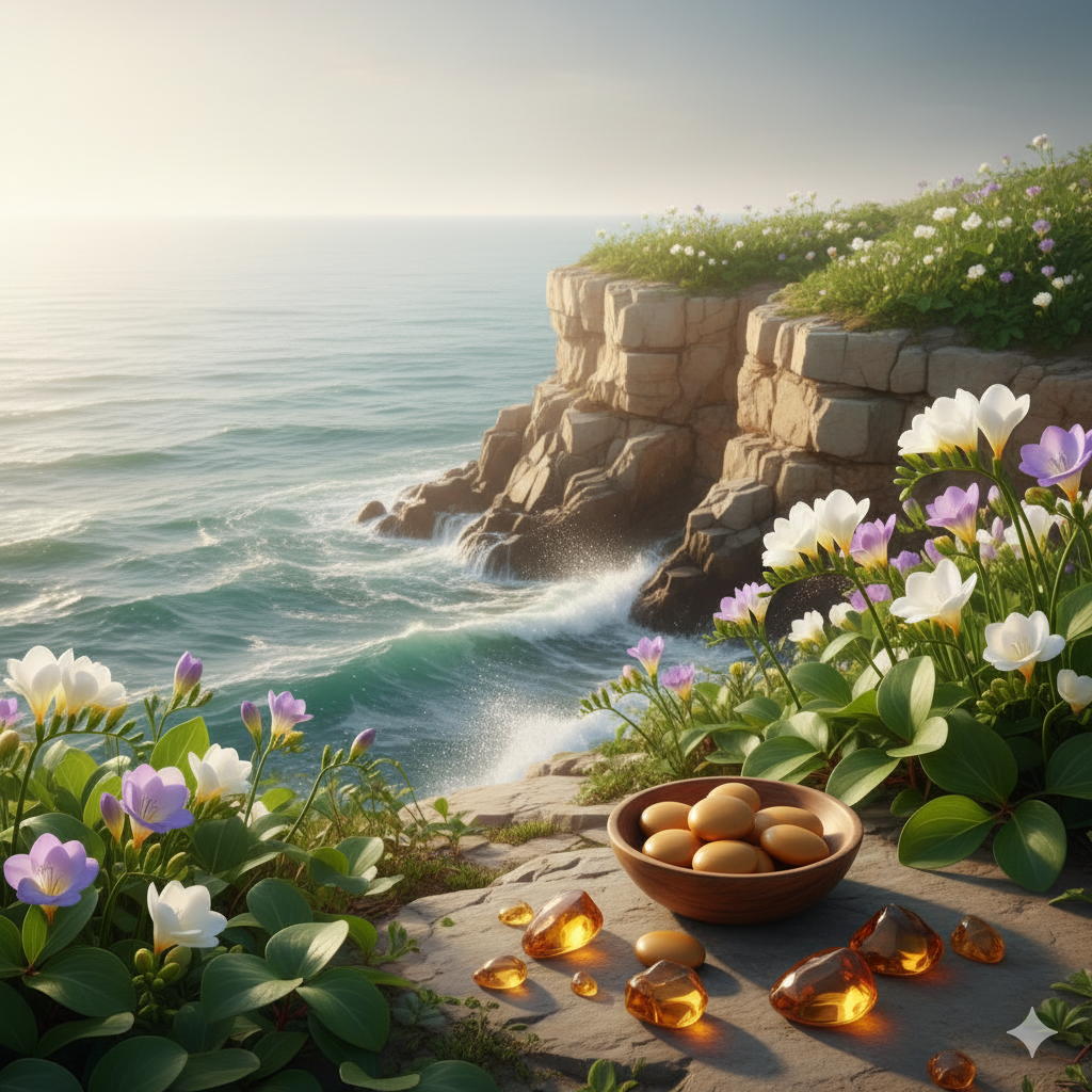 Bowl of eggs and amber-colored stones on a rocky cliff overlooking the ocean with flowers.