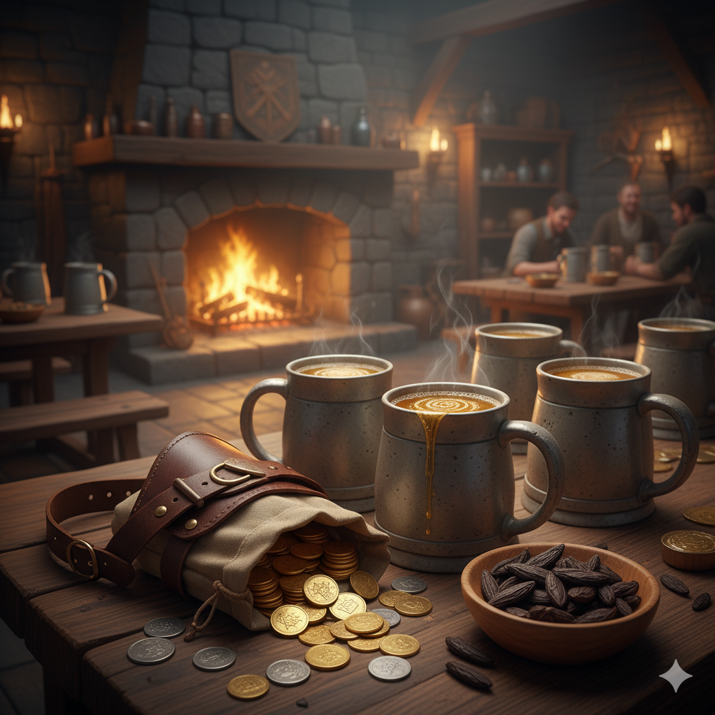 Vintage-style interior with mugs of steaming coffee, a leather bag with coins, and a fireplace.