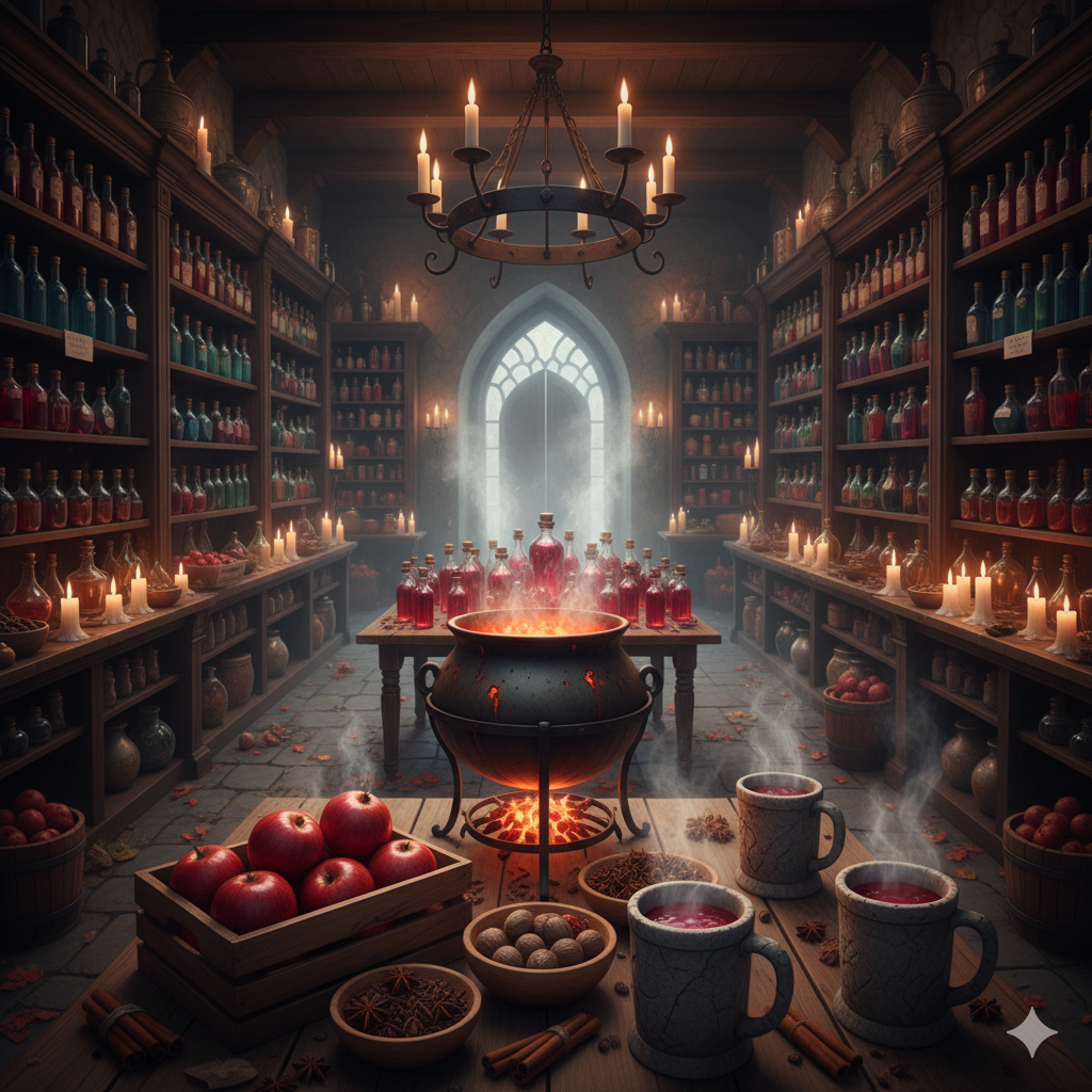 Mystical potion lab with shelves of bottles, a cauldron, and glowing archway.