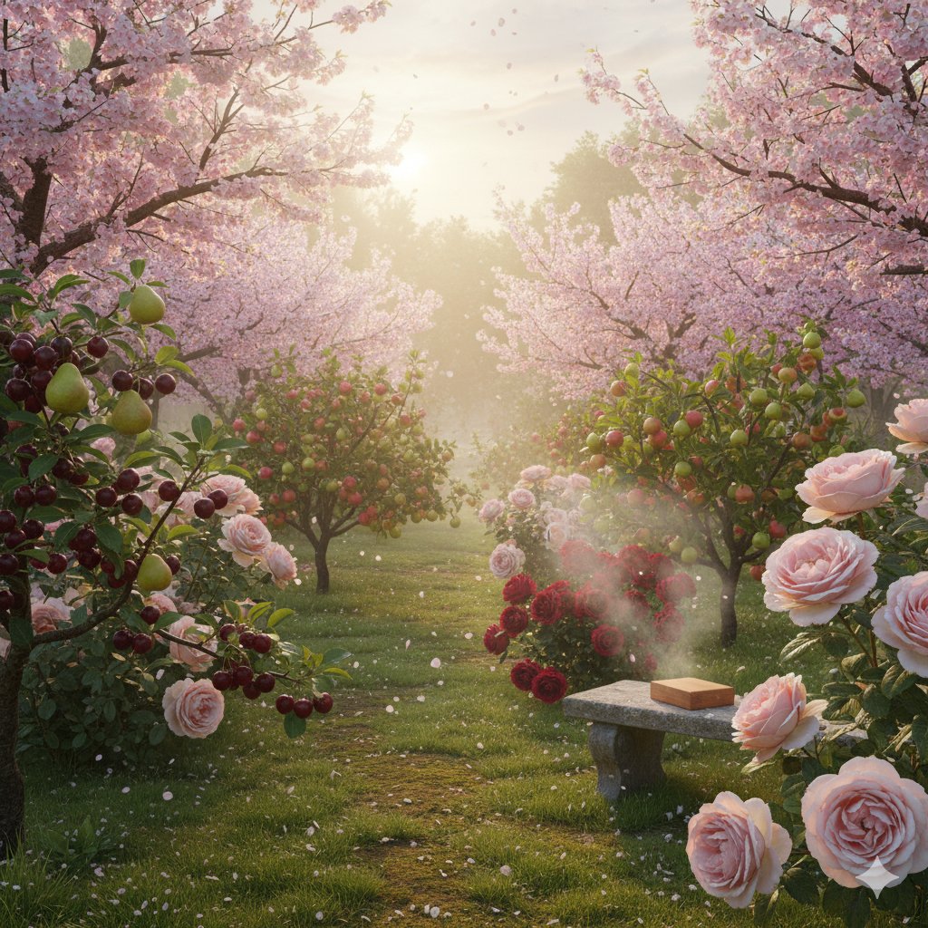 Cherry blossom and apple trees in a garden with a bench and flowers.