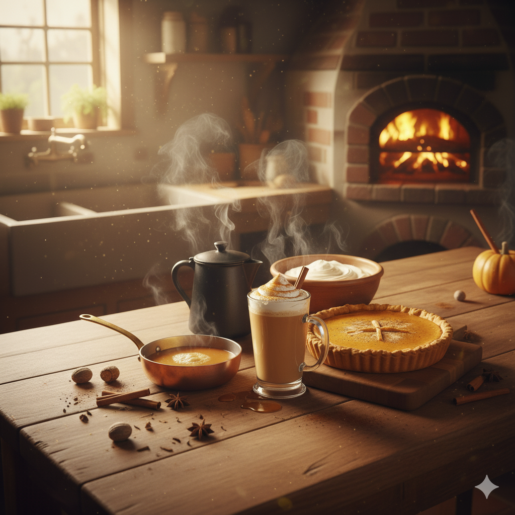 Cozy autumn scene with pumpkin pie, steaming coffee, and a fireplace.