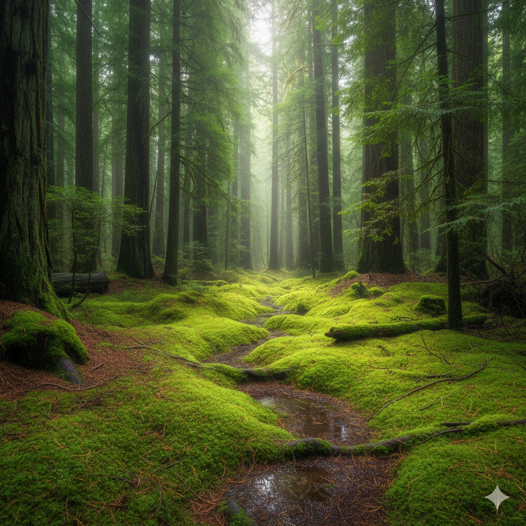 Mossy forest floor with tall trees and a path in the distance