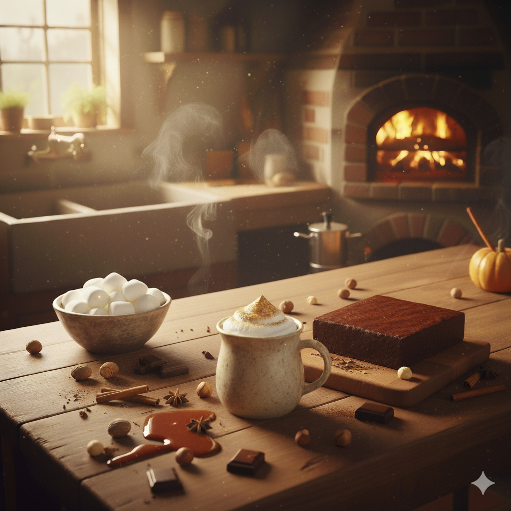 Cozy kitchen scene with a fireplace, wooden table, and hot chocolate.