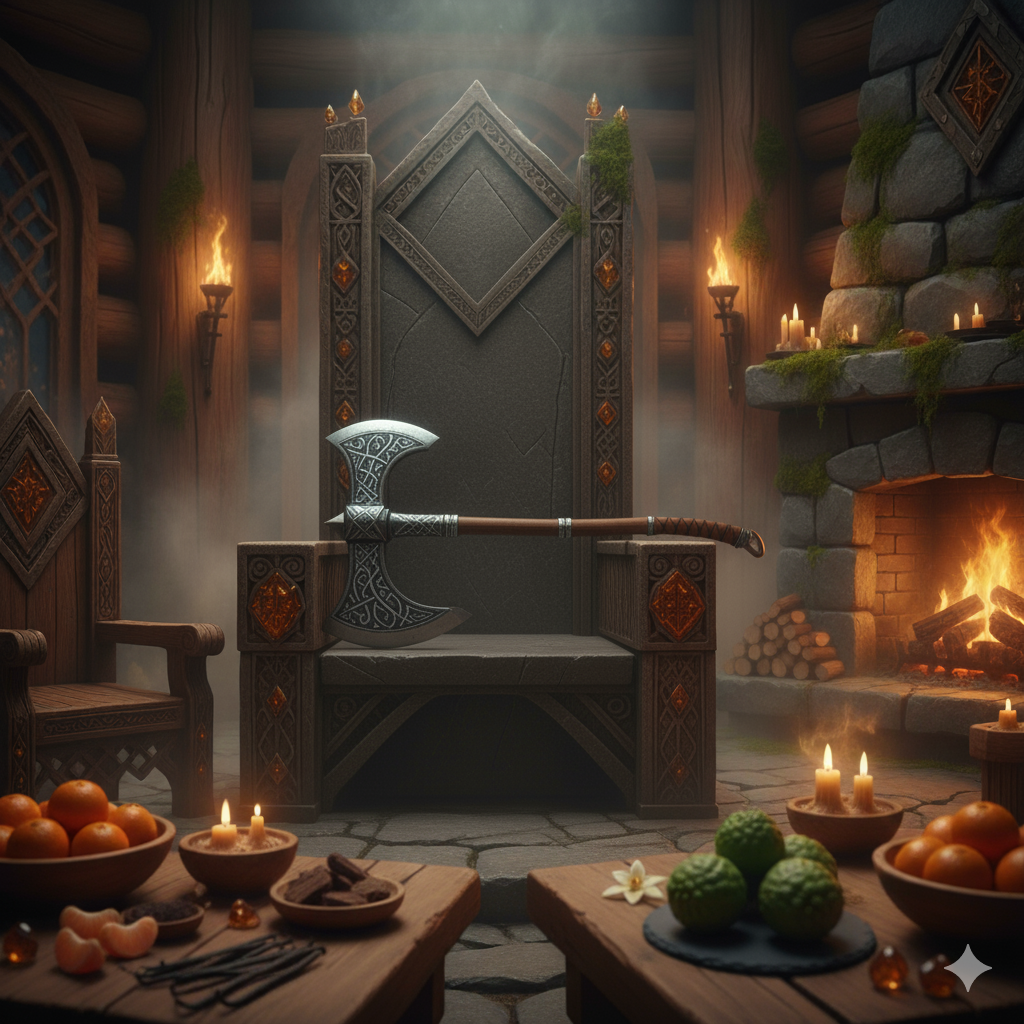Decorative scene with a throne, axe, and fireplace in a medieval-style room.