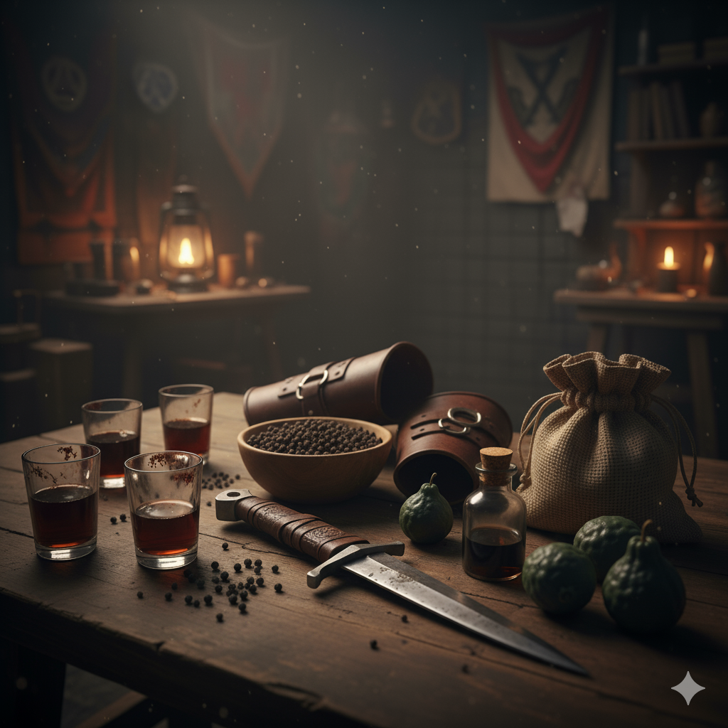 Vintage tavern scene with drinks, a sword, and various items on a wooden table.