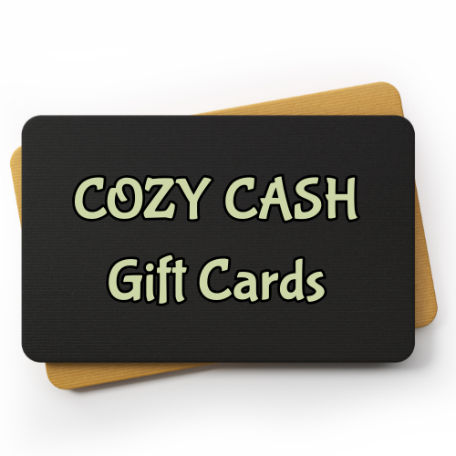 Black and gold 'Cozy Cash Gift Cards' on a white background