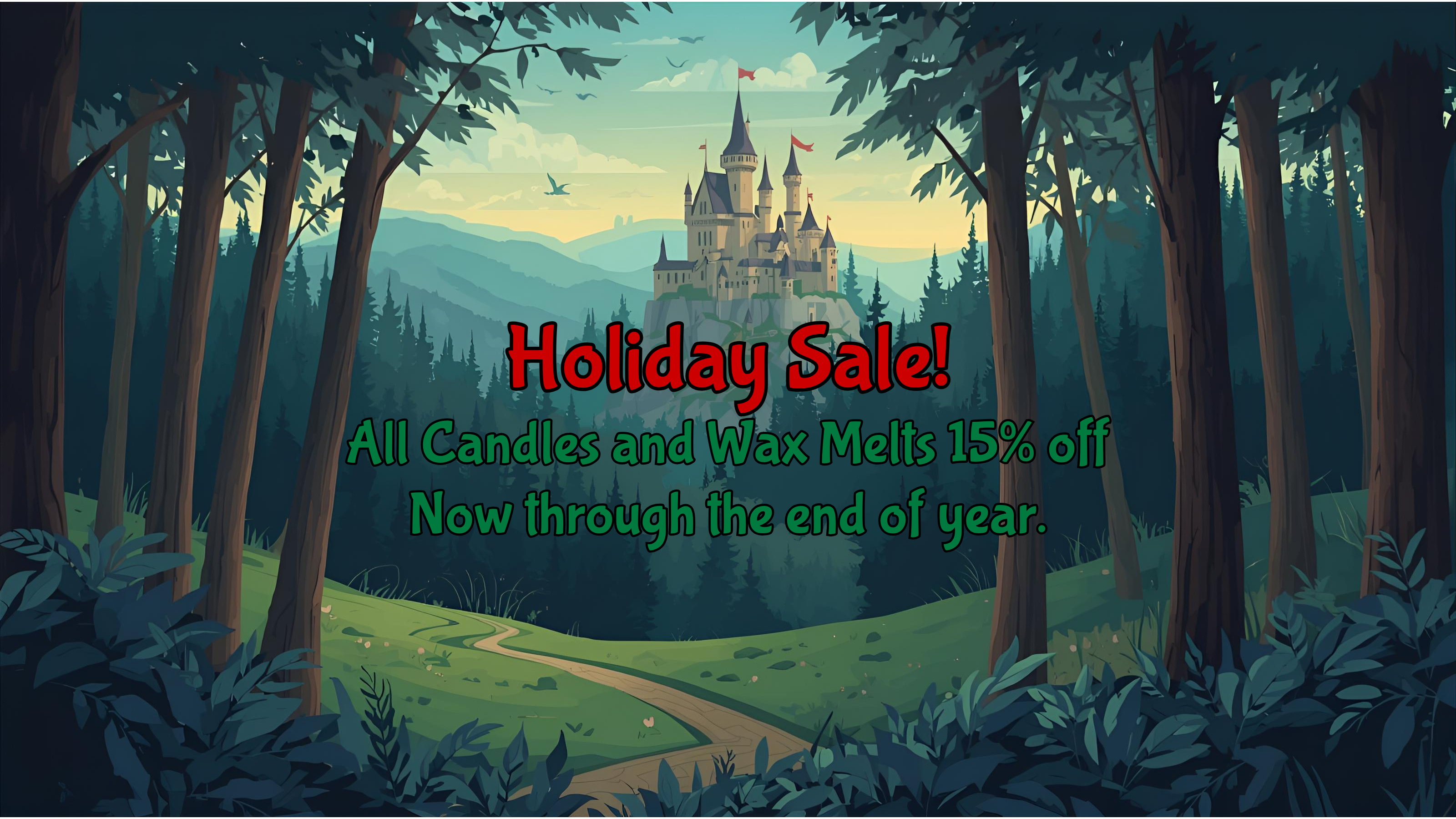 Fantasy castle in a forest with holiday sale text overlay