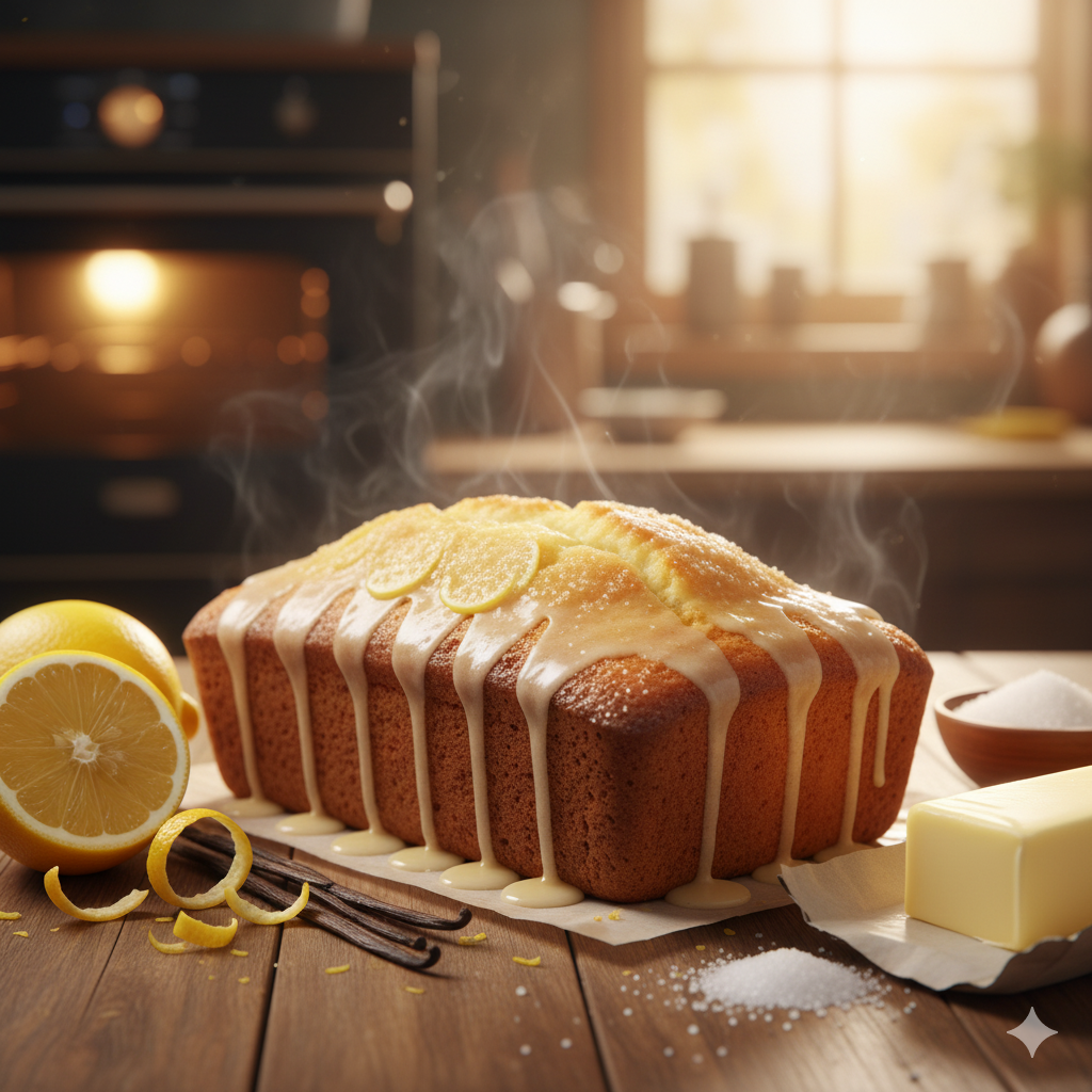 Loaf of cake with lemon glaze on a wooden table with lemons and vanilla beans.
