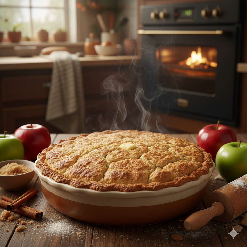 Steaming apple pie on a wooden table with apples and cinnamon sticks, kitchen in the background