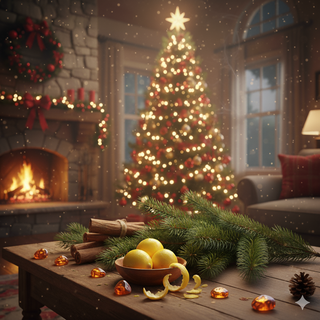 Cozy Christmas living room with a decorated tree, fireplace, and festive table setting. Evergreen fir branches prominently displayed.