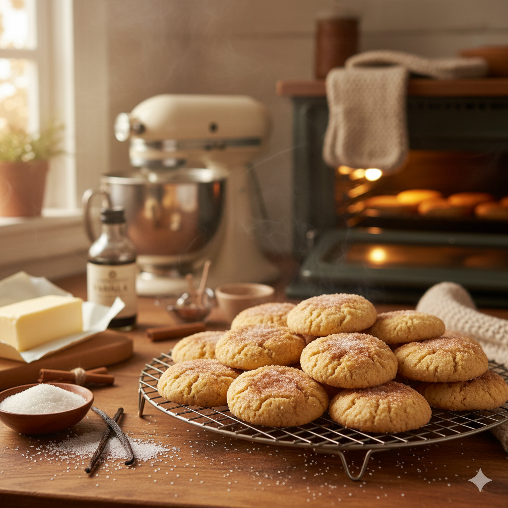 Baked cookies on a cooling rack with kitchen appliances in the background