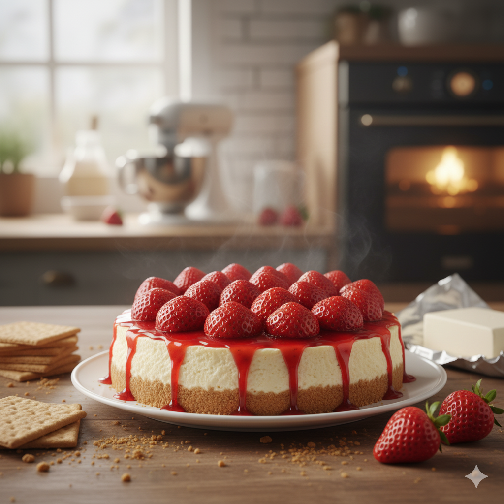 Cheesecake with strawberries on a plate in a kitchen setting