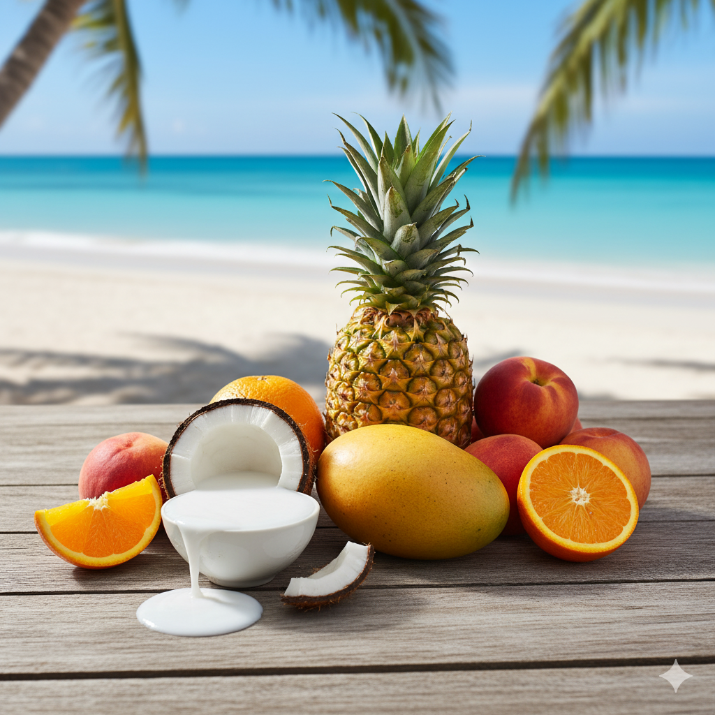 Tropical fruits including a pineapple, mango, oranges, and peaches on a wooden surface with a beach background.