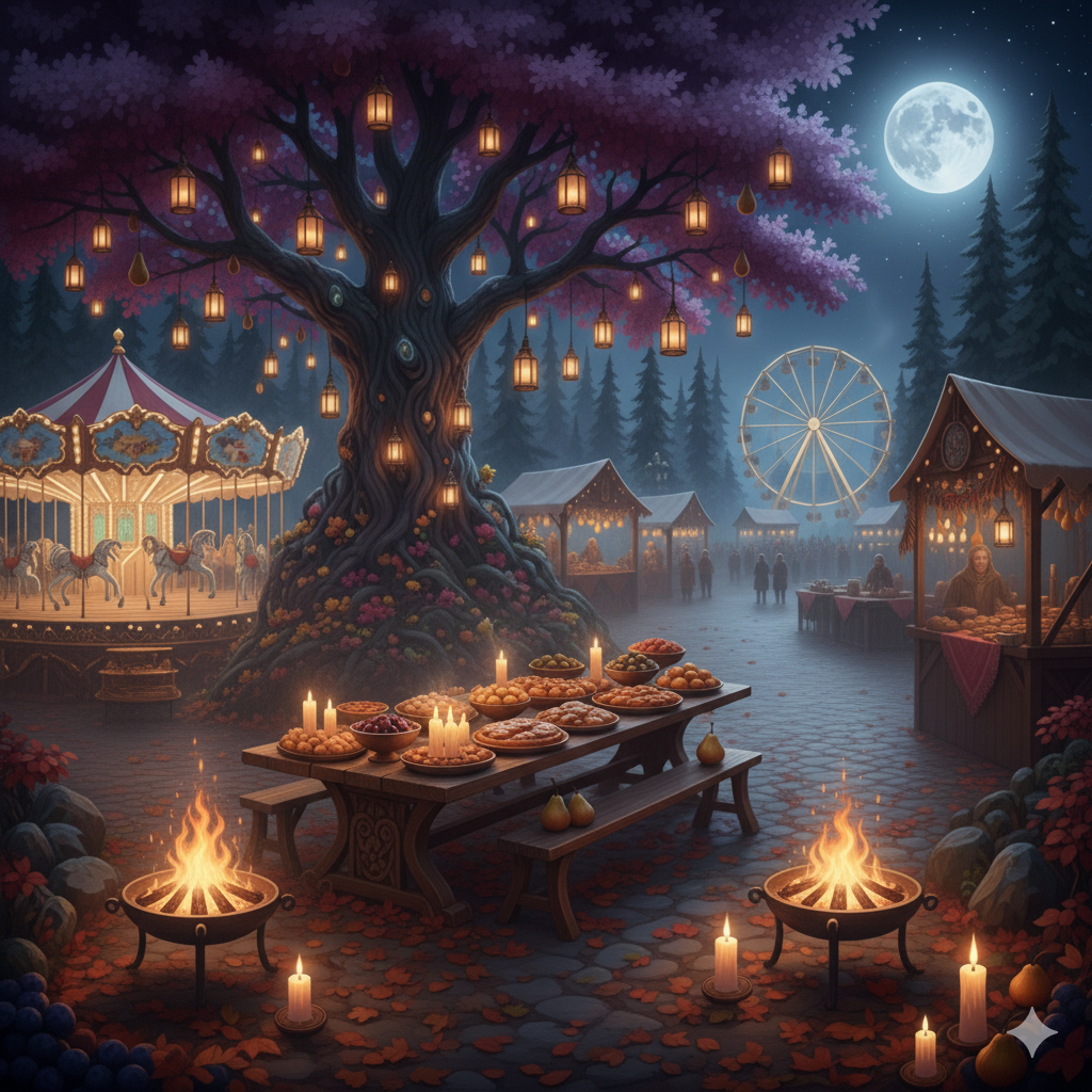 Magical night scene with a tree, carousel, and market stalls under a full moon.
