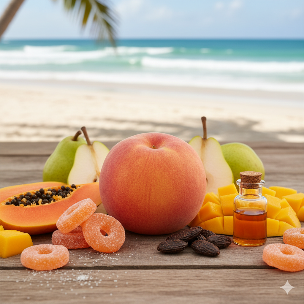 Assorted fruits and a bottle of syrup on a wooden surface with a beach background
